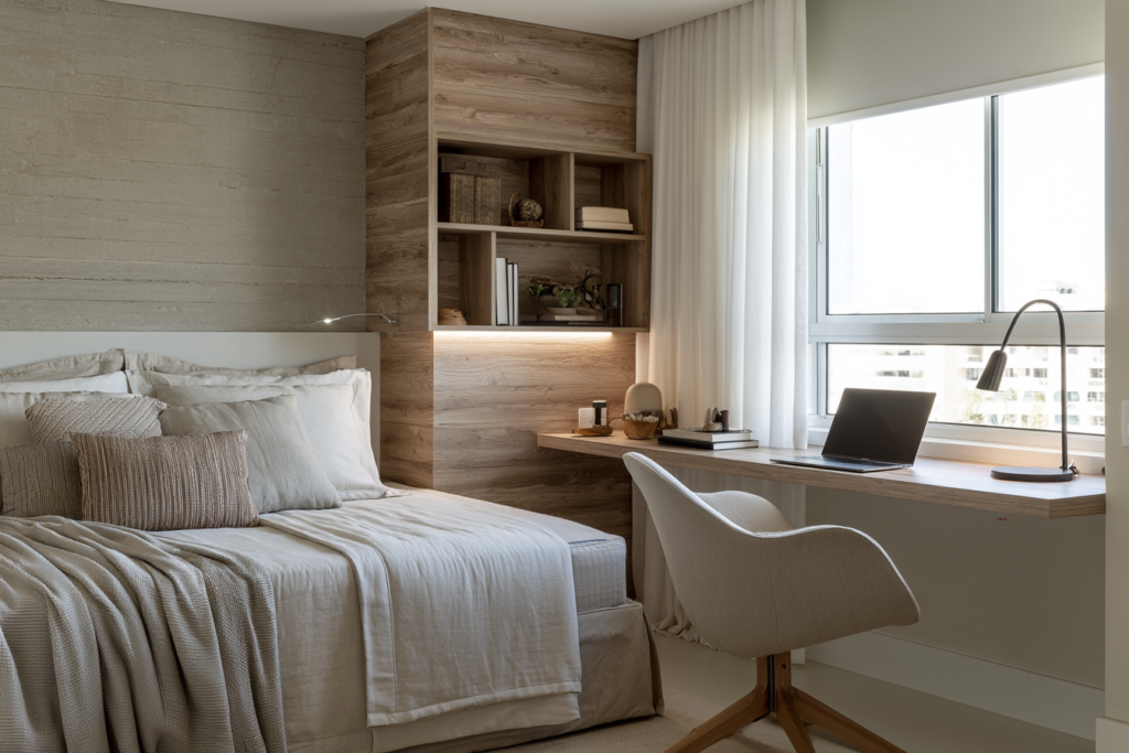 Home office no quarto pequeno: ideias elegantes para integrar trabalho, conforto e organização