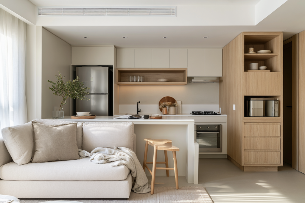 Como decorar cozinha americana pequena integrada à sala com estilo, leveza e funcionalidade