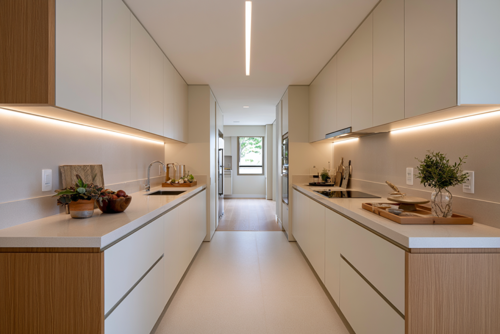 Cozinha corredor pequena: soluções elegantes para armários, iluminação, bancada e circulação