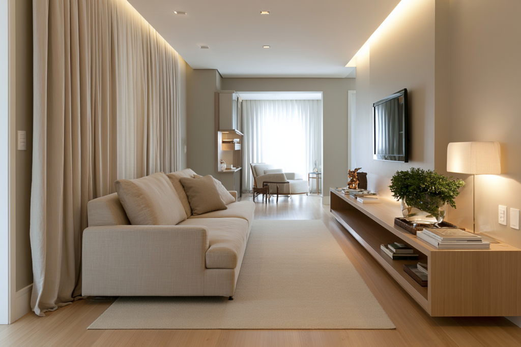 Sala estreita e comprida: um guia elegante para acertar layout, circulação e proporções